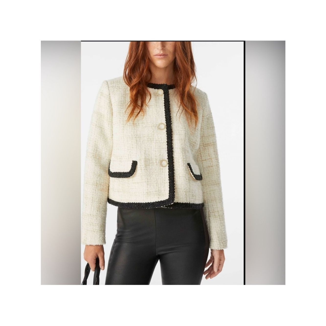 Ba&Sh Cream Boucle Tweed Jacket With Black Trim Cropped Size Xl